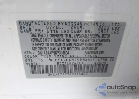 2016 Nissan Sentra S from USA, damaged, VIN 3N1AB7AP9GY318804